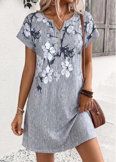 women clothes image of Grey Floral Print Short Double Side Pockets Dress