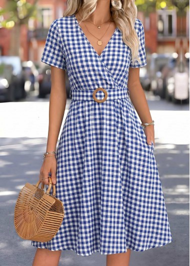 women clothes image of Blue Plaid Belted Belted Short Sleeve V Neck Dress