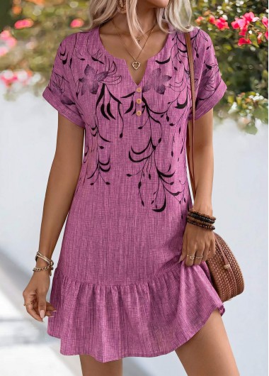 women clothes image of Dusty Purple Floral Print Short Shirred Split Neck Dress