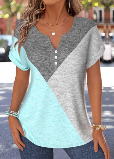 women clothes image of Multi Color Patchwork Short Sleeve Split Neck Blouse