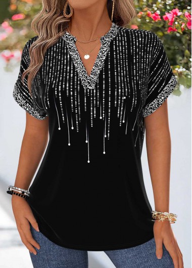 women clothes image of Black Ombre Tummy Coverage Short Sleeve Split Neck Blouse