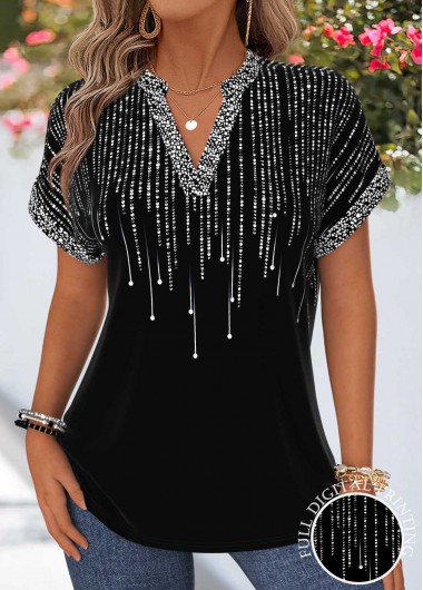 women clothes image of Black Ombre Tummy Coverage Short Sleeve Split Neck Blouse