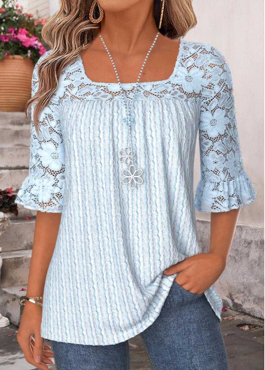 women clothes image of Light Blue Patchwork 3/4 Sleeve Square Neck Blouse