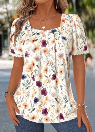 women clothes image of Multi Color Floral Print Tummy Coverage Short Sleeve Blouse