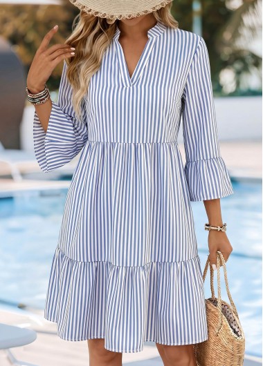 women clothes image of Light Blue Striped Short Tummy Coverage 3/4 Sleeve Dress
