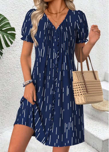 women clothes image of Navy Geometric Print Short Tuck Stitch V Neck Dress