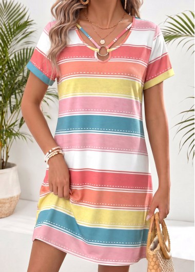women clothes image of Multi Color Short Tummy Coverage Round Neck Dress