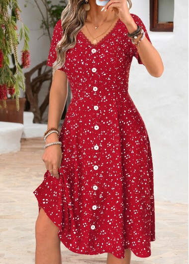 women clothes image of Red Tummy Coverage Short Sleeve V Neck Dress
