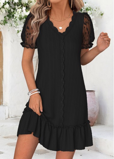 women clothes image of Black Short Patchwork V Neck Dress