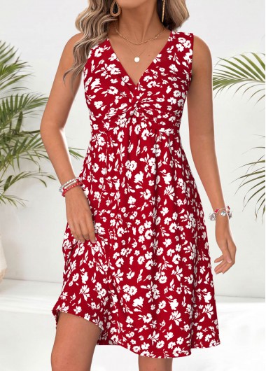 women clothes image of Red Floral Print Short Twist Sleeveless V Neck Dress