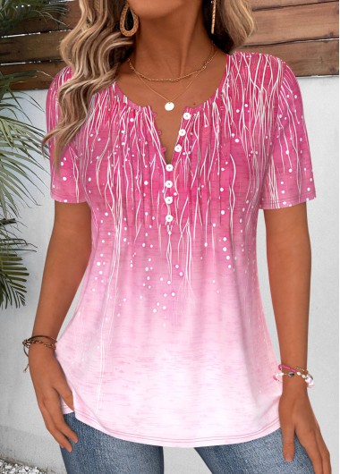 women clothes image of Hot Pink Ombre Curved Hem Short Sleeve T Shirt