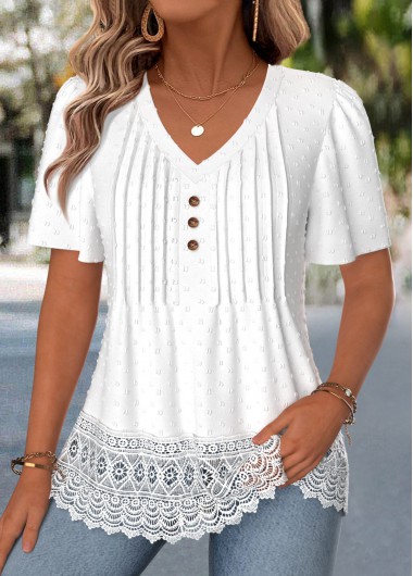 women clothes image of White Patchwork Short Sleeve V Neck T Shirt