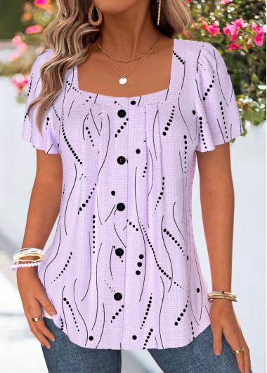 women clothes image of Light Purple Geometric Print Tummy Coverage Short Sleeve Blouse