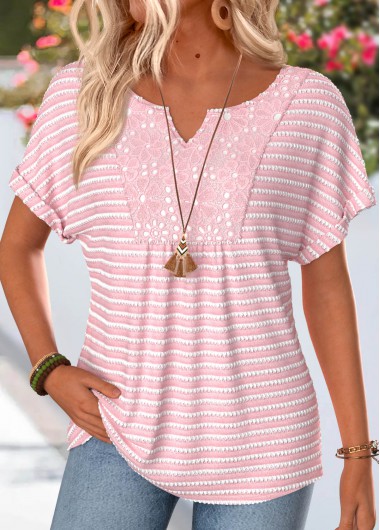women clothes image of Pink Striped Shirred Short Sleeve Split Neck T Shirt