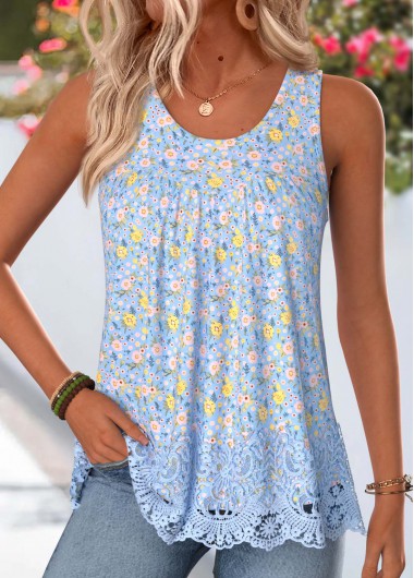 women clothes image of Light Blue Ditsy Floral Print Curved Hem Tank Top