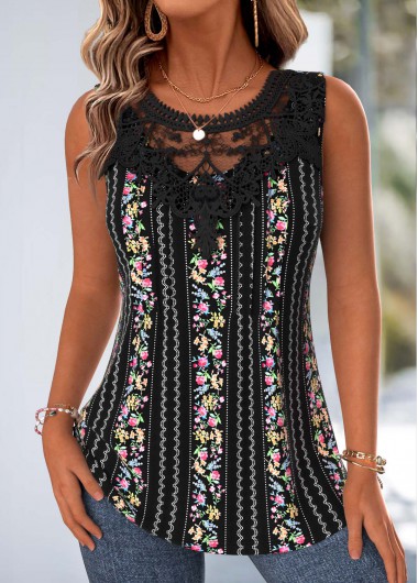 women clothes image of Black Floral Print Tummy Coverage Sleeveless Tank Top