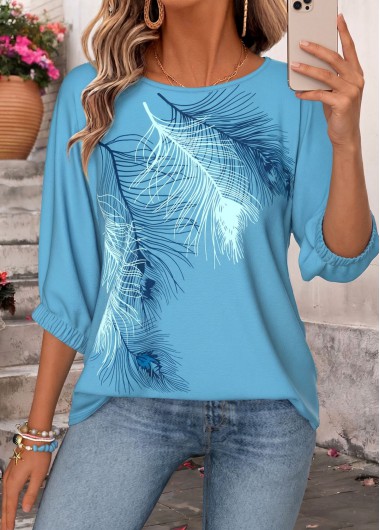 women clothes image of Dusty Blue Feathers Print Tummy Coverage 3/4 Sleeve Blouse