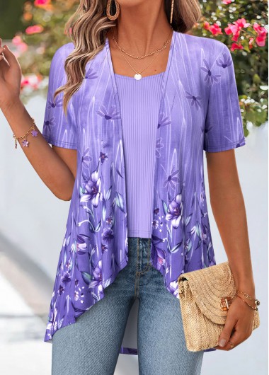 women clothes image of Purple Floral Print Short Sleeve Fake Two Piece Twinset