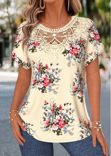 women clothes image of Light Yellow Floral Print Tummy Coverage Short Sleeve Blouse