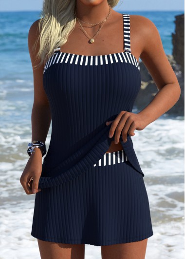 women clothes image of Navy Mid Waisted Striped Tankini Set