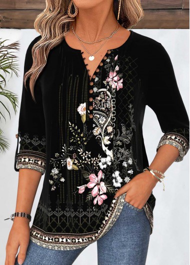 women clothes image of Black Random Floral Print Tuck Stitch 3/4 Sleeve Shirt