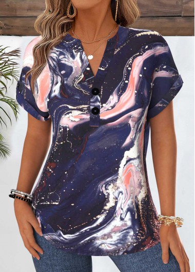 women clothes image of Navy Marble Print Tummy Coverage Short Sleeve Blouse