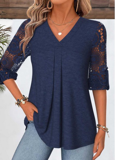 women clothes image of Navy Curved Hem 3/4 Sleeve V Neck Blouse