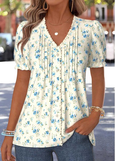 women clothes image of Beige Ditsy Floral Print Frill Short Sleeve T Shirt