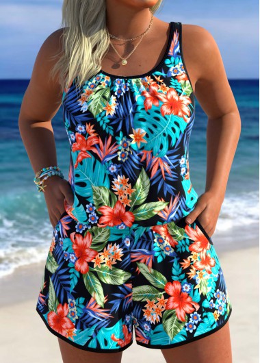 women clothes image of Multi Color Pocket Tropical Plants Print One Piece Swimwear