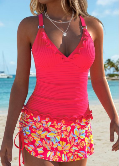 women clothes image of Hot Pink Mid Waisted Frill Leaf Print Tankini Set