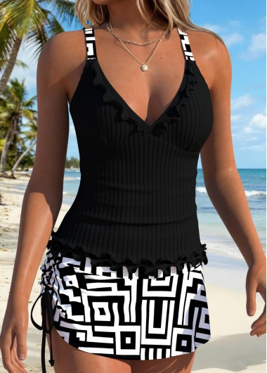 women clothes image of Black Mid Waisted Frill Geometric Print Tankini Set