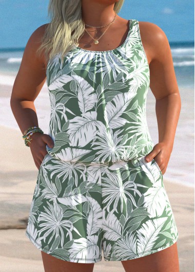 women clothes image of Sage Green Pocket Leaf Print One Piece Swimwear