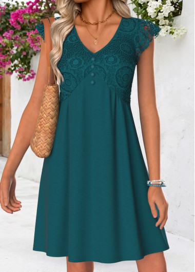 women clothes image of Peacock Blue Short Shirred V Neck Dress
