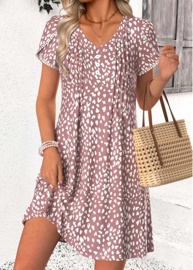 women clothes image of Dusty Pink Leopard Short Tummy Coverage V Neck Dress