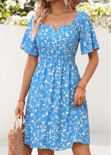 women clothes image of Light Blue Ditsy Floral Print Short Smocked Dress