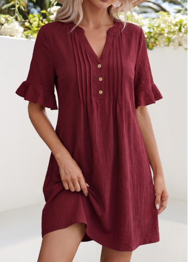 women clothes image of Wine Red Short Tuck Stitch Half Sleeve Dress