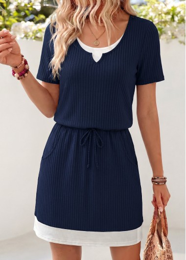 women clothes image of Navy Short Fake 2in1 Round Neck Dress
