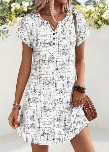 women clothes image of White Geometric Print Short Curved Hem Split Neck Dress