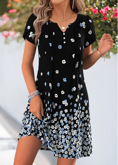 women clothes image of Black Floral Print Short Tuck Stitch Split Neck Dress