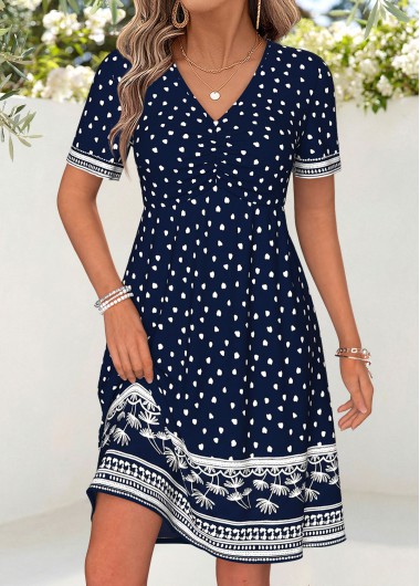 women clothes image of Navy Polka Dot Short Smocked V Neck Dress