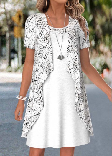 women clothes image of White Geometric Print Tummy Coverage Short Sleeve Dress