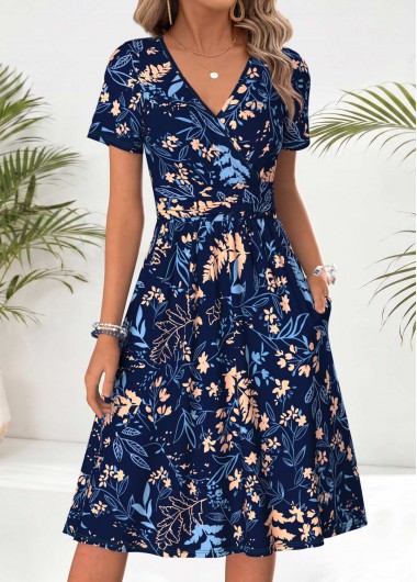 women clothes image of Navy Floral Print Tummy Coverage Short Sleeve Dress
