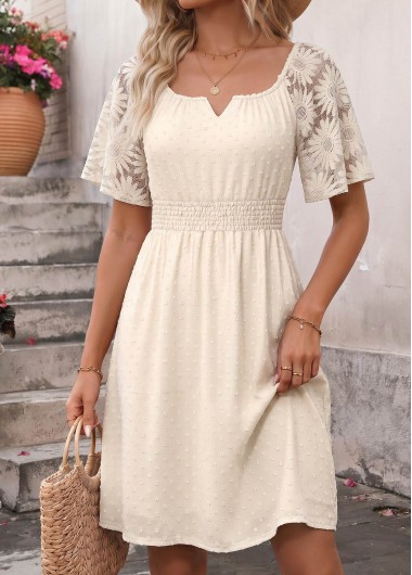 women clothes image of Beige Smocked Short Sleeve Square Neck Dress
