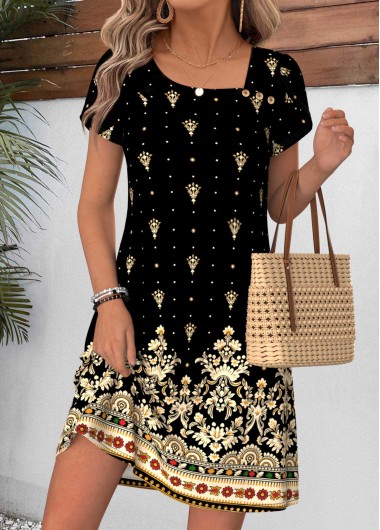 women clothes image of Black Tribal Print Short Tummy Coverage Asymmetrical Neck Dress