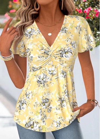 women clothes image of Yellow Floral Print Twist Short Sleeve T Shirt