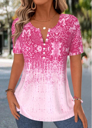 women clothes image of Hot Pink Tribal Print Curved Hem T Shirt