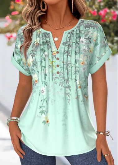 women clothes image of Green Floral Print Tuck Stitch Short Sleeve T Shirt