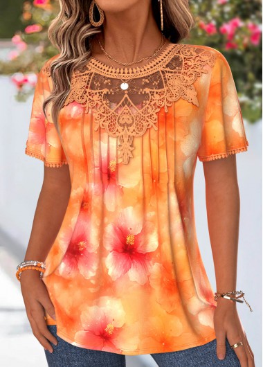 women clothes image of Orange Floral Print Tuck Stitch Short Sleeve T Shirt