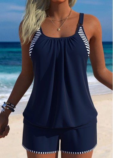 women clothes image of Navy Mid Waisted Blouson Striped Tankini Set