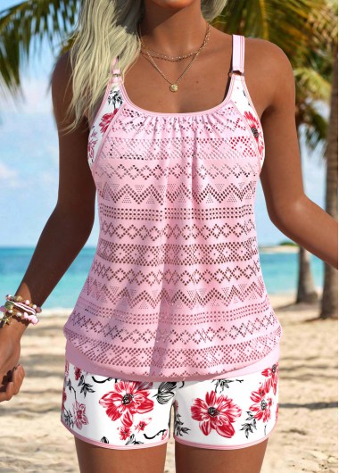 women clothes image of Pink Mid Waisted Fake 2in1 Floral Print Tankini Set